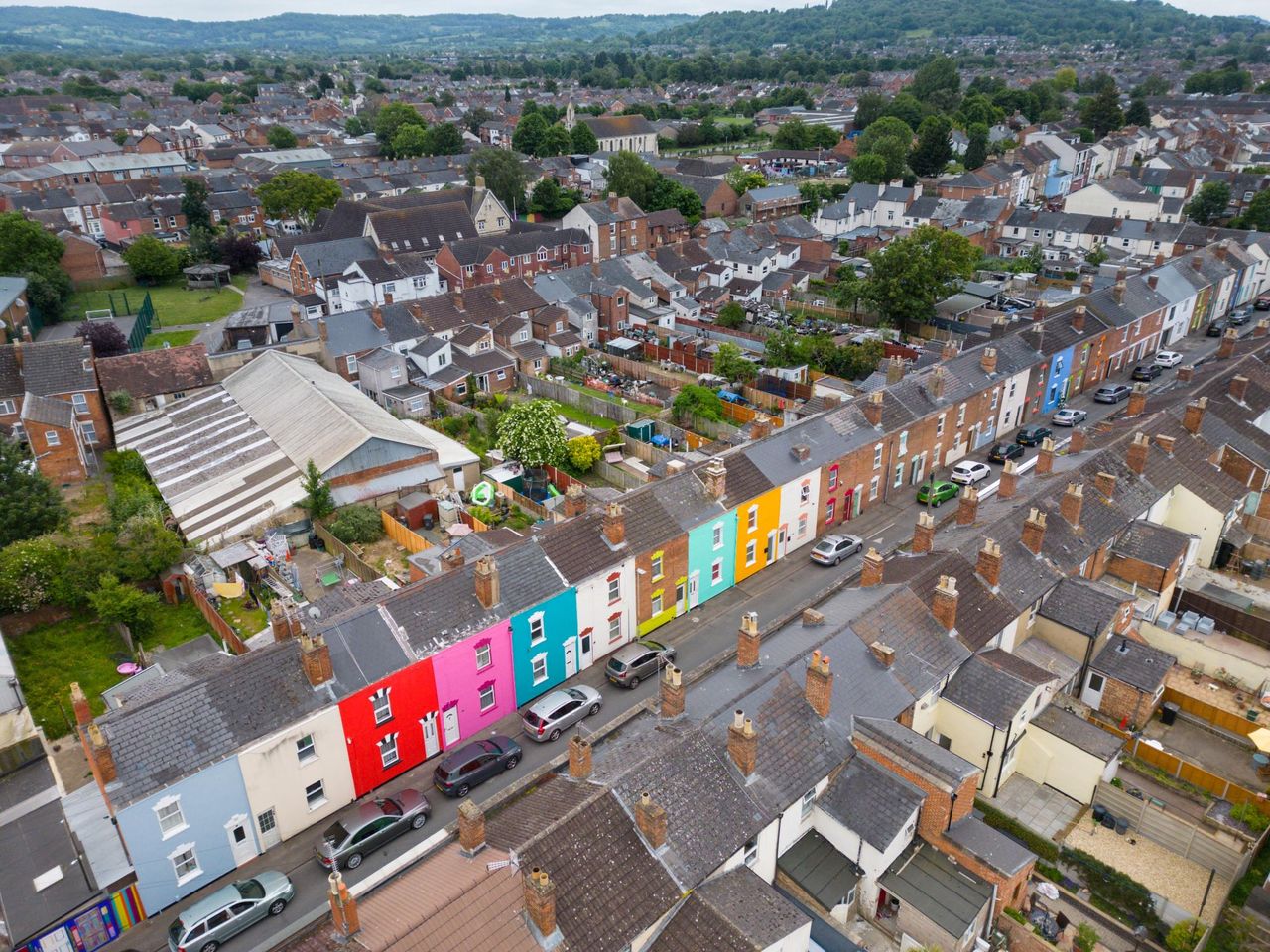 An overhead picture of the houses painted a bunch on colours