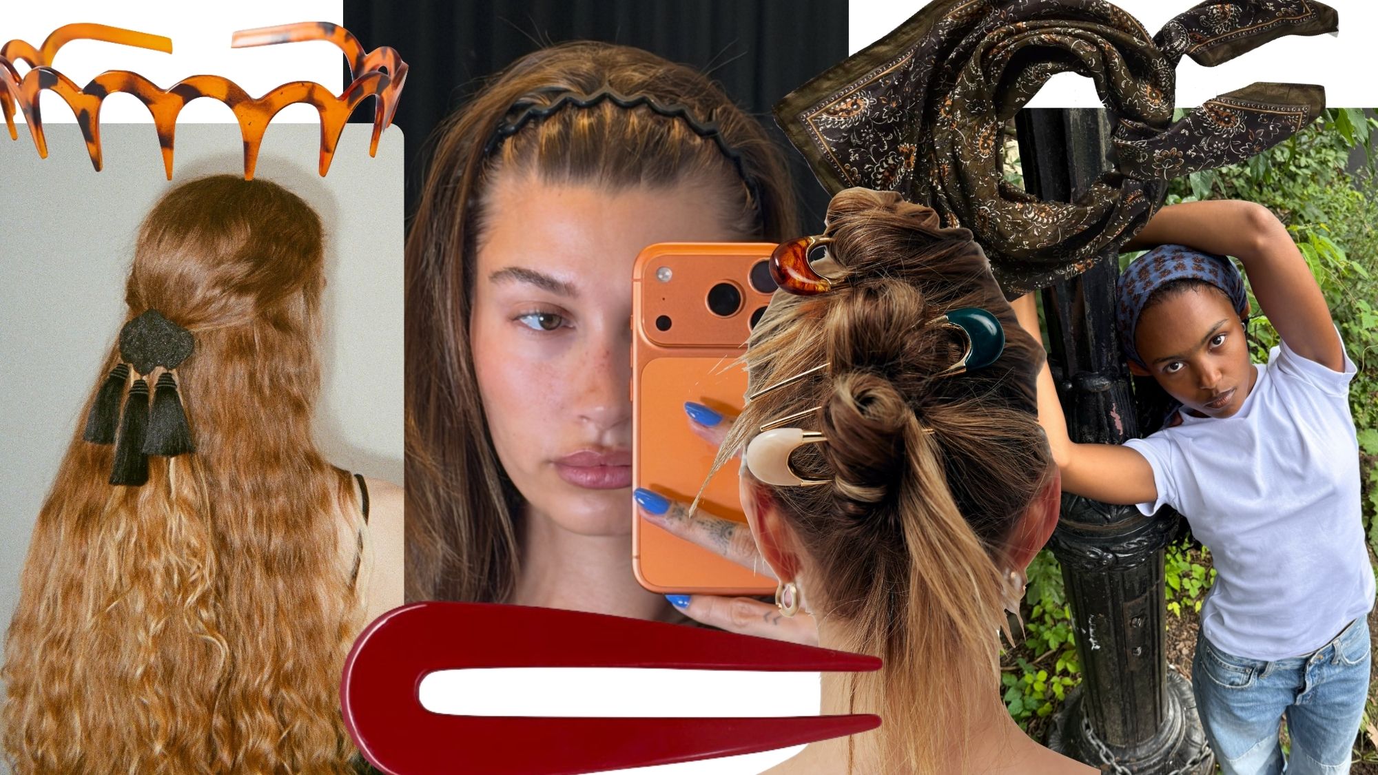 A collage of people and celebrities wearing hair accessories that are trending for fall 2026.