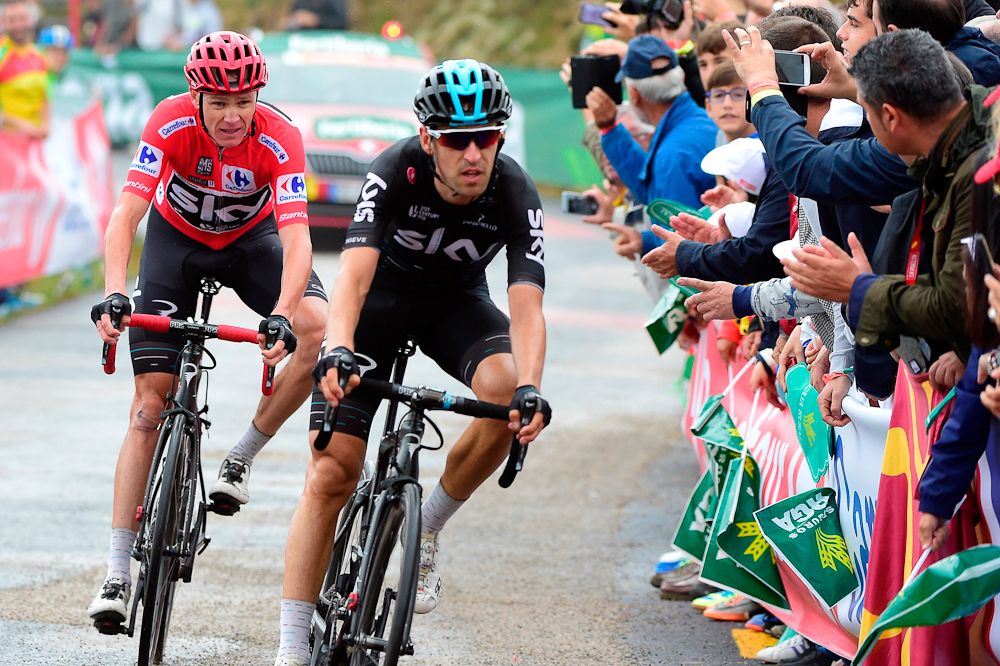 Mikel Nieve leads Chris Froome to the finish of stage 17 at the Vuelta