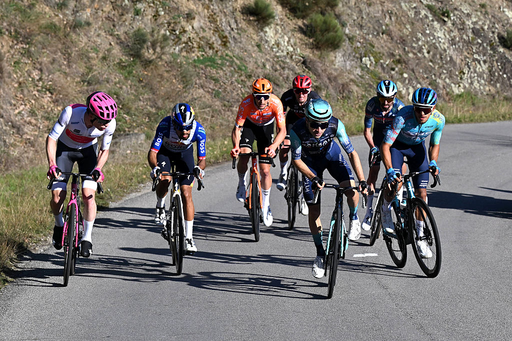 COLOMBIER-LE-VIEUX, FRANCE - MARCH 12: (L-R) Georg Steinhauser of Germany and Team EF Education - EasyPost - White Best Young Rider Jersey, Daniel Felipe Martinez of Colombia and Team Red Bull - BORA - hansgrohe, Kevin Vauquelin of France and Team INEOS Grenadiers, Mathys Rondel of France and Team Tudor Pro Cycling, Lenny Martinez of France and Team Bahrain - Victorious, Valentin Paret-Peintre of France and Team Soudal Quick-Step and Harold Tejada of Colombia and Team XDS Astana compete in the chase group during the 84th Paris-Nice 2026, Stage 5 a 206.3km stage from Cormoranche-sur-Saone to Colombier-le-Vieux 422m / #UCIWT / on March 12, 2026 in Colombier-le-Vieux, France. (Photo by Szymon Gruchalski/Getty Images)