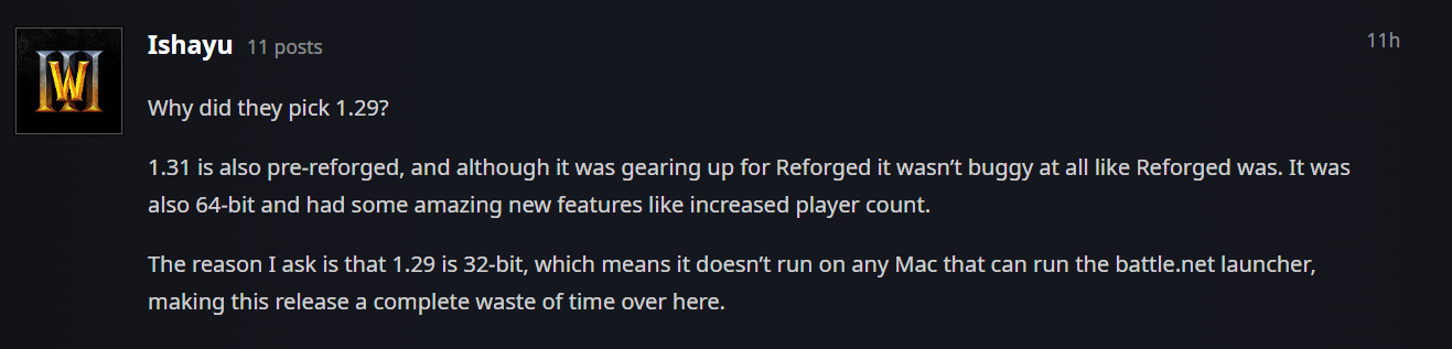 A forum post by a user named Ishayu with 11 posts, questioning the choice of version 1.29. The user compares versions 1.31 and 1.29, noting 1.31's benefits like 64-bit support and bug-free performance. They criticize 1.29 for being 32-bit and incompatible with Macs running Battle.net, calling the release a waste of time.
