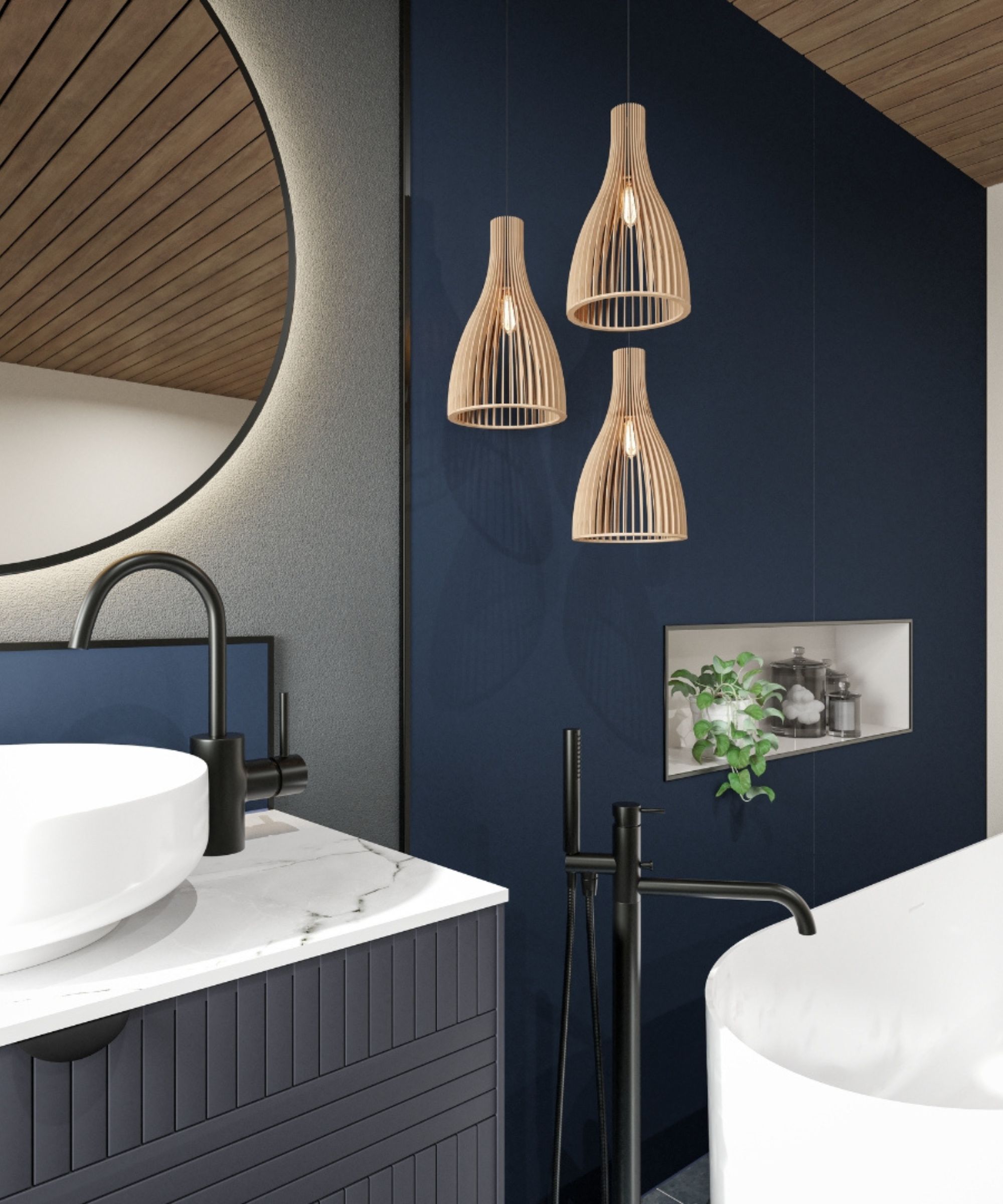 A bathroom with dark blue wet wall panels, three pendant lights and a niche for storage
