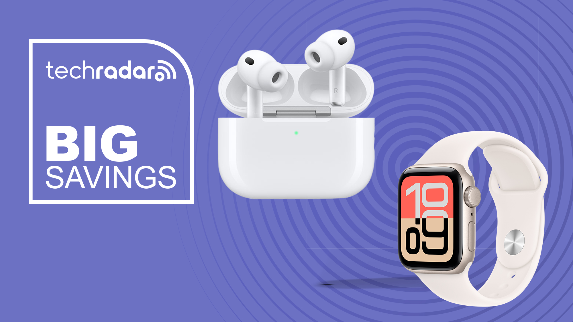 Apple Watch and Airpods on a blue background and a big savings banner