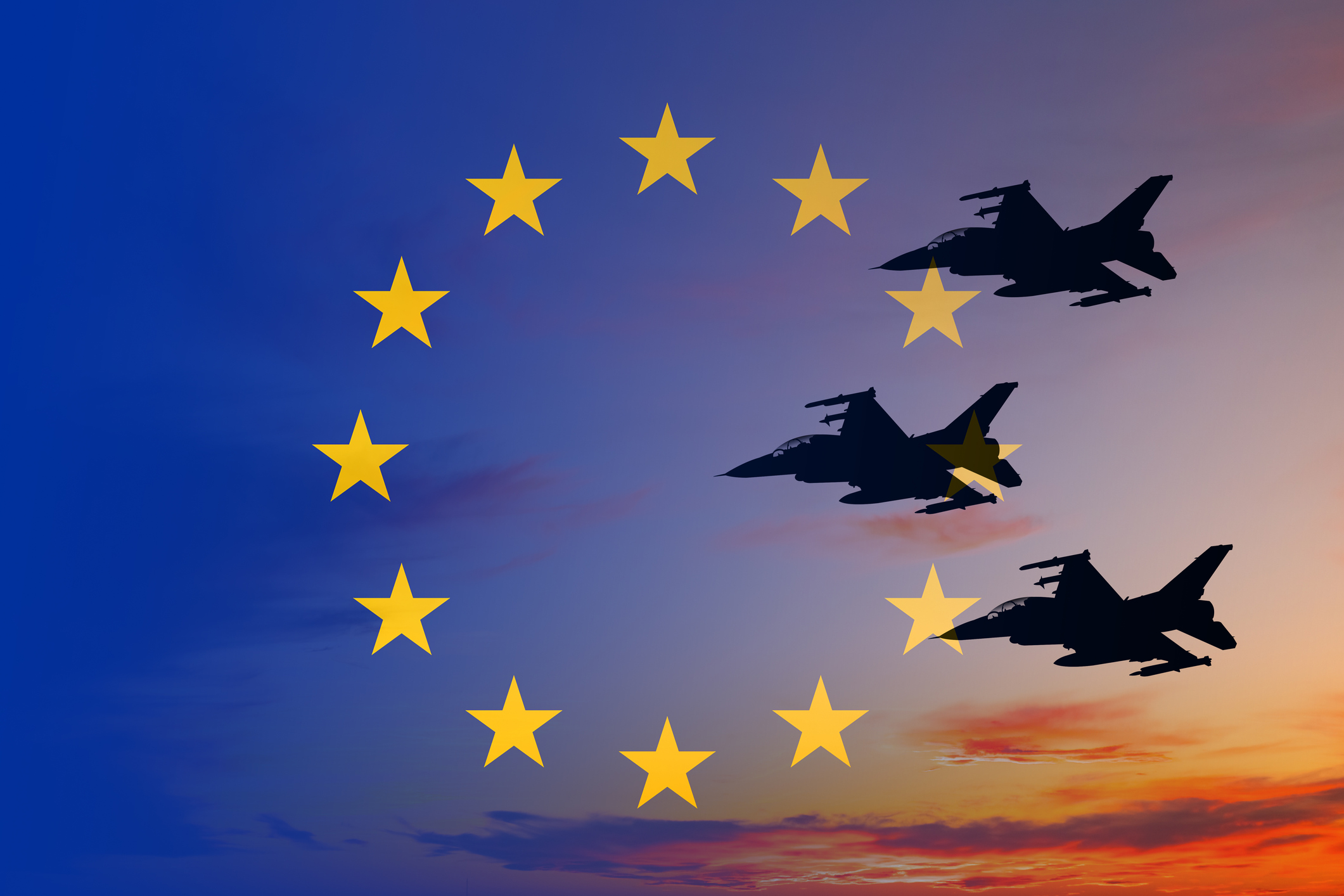 European Union flag superimposed over three fighter jets flying at sunset
