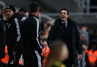 Unai Emery and Jason Tindall share a word during the encounter at St. James' Park in December