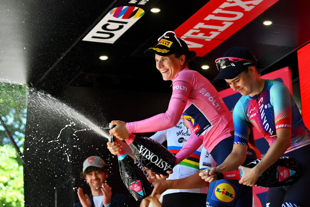 The 2024 final Giro d'Italia overall podium: 1st Elisa Longo Borghini, 2nd Lotte Kopecky, 3rd Neve Bradbury