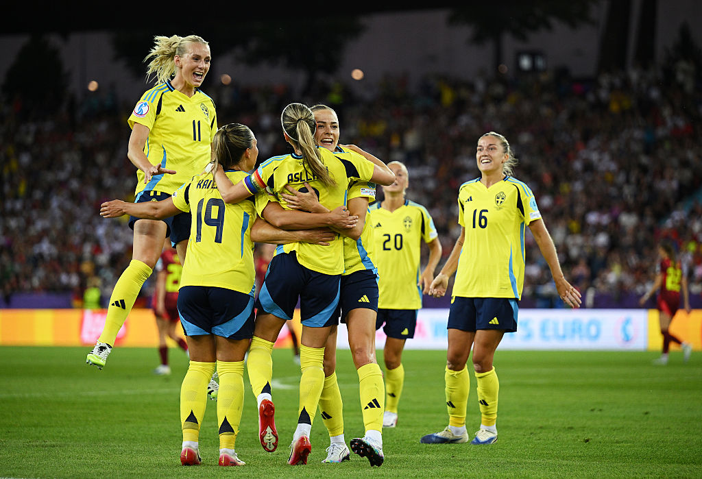 Swede celebrate a goal against Germany