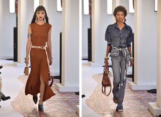 Models wear rust dress and denim blue shirt and trousers