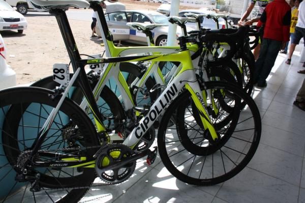 The Farnese Vini-Neri Sottoli team has brightly coloured Cipollini bikes