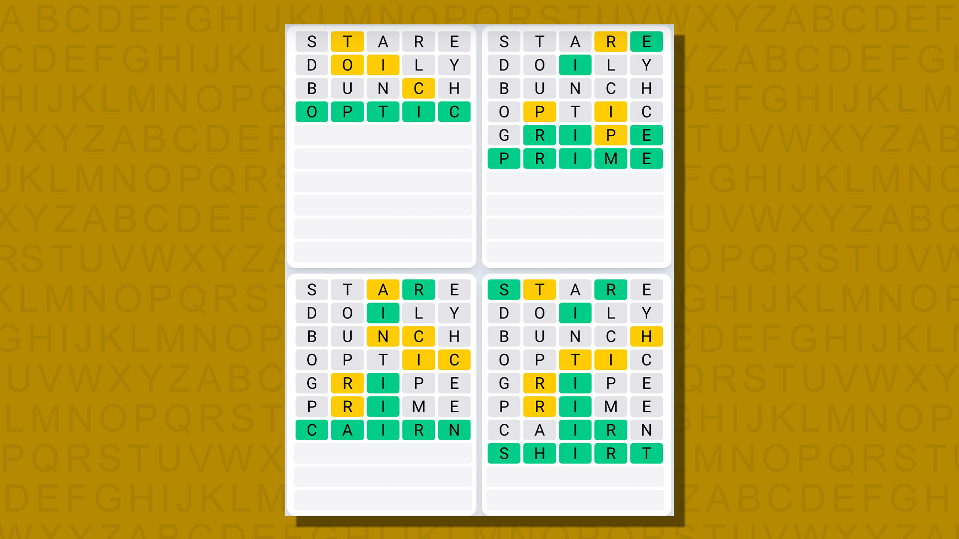 Ежедневная последовательность ответов Quordle для игры 712 на желтом фоне