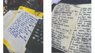 The lyric sheets for Ace Frehley's 10,000 Volts (left) and (right) Back Into My Arms Again
