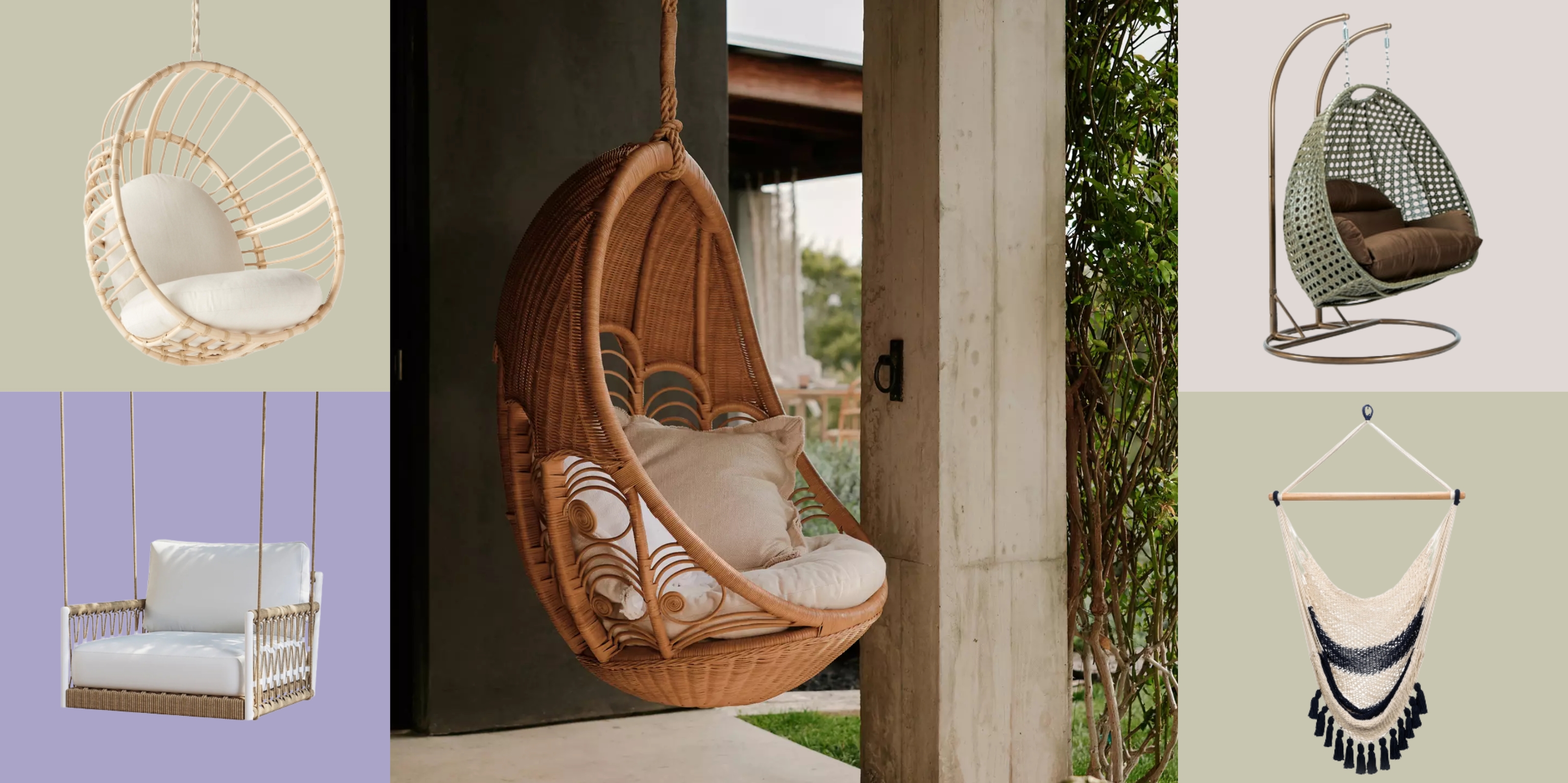Image of a rattan garden swing chair with white cushions. There are four product boxes of other garden swing chair options around it.