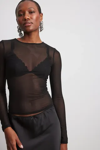 NA-KD, Round Neck Fitted Mesh Top