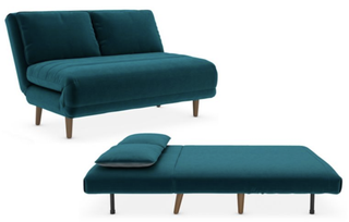 The velvet Logan fold-out sofa bed from Marks & Spencer, in two iterations - first seen as a sofa, and secondly laid out as a sofa bed