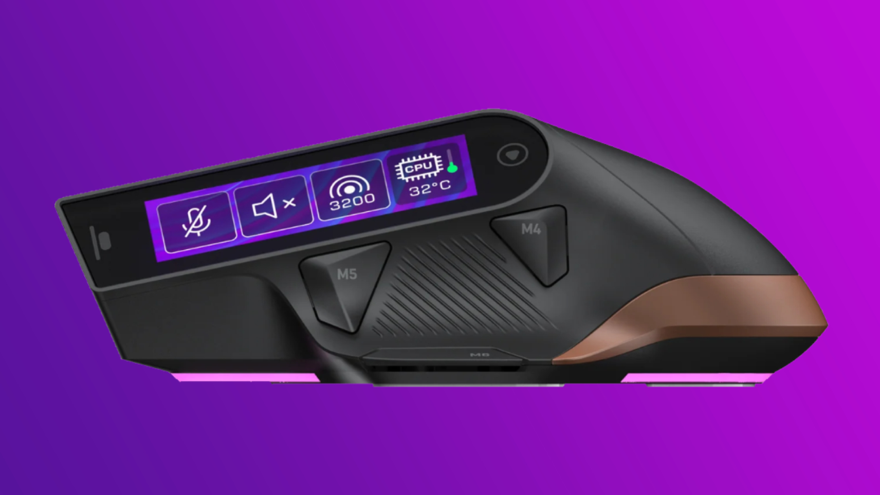 A Turtle Beach Command Series MC7 gaming mouse shot from various angles on pink and purple backgrounds