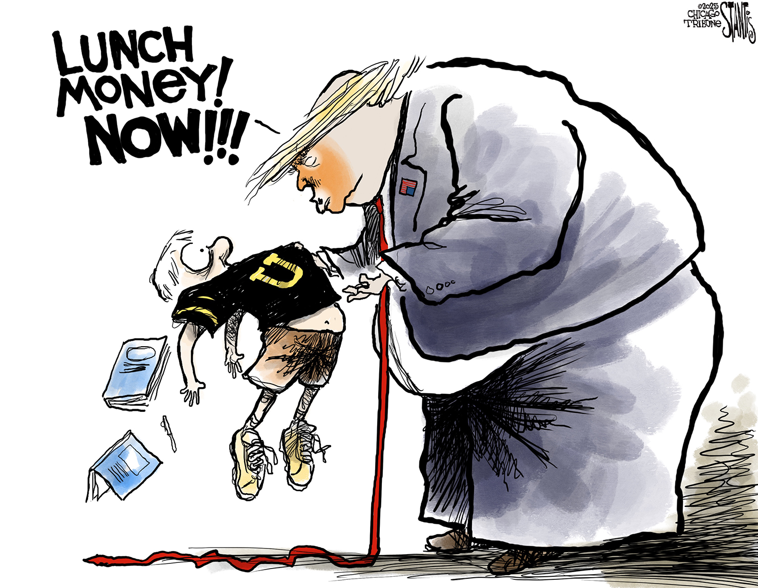 In this cartoon, Donald Trump is drawn as a large bully. He grabs a smaller kid with a “U” on his shirt. Trump says, “Lunch money! Now!!!”