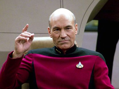 Patrick Stewart on the set of Star Trek: The Next Generation, playing Captain Jean-Luc Picard.
