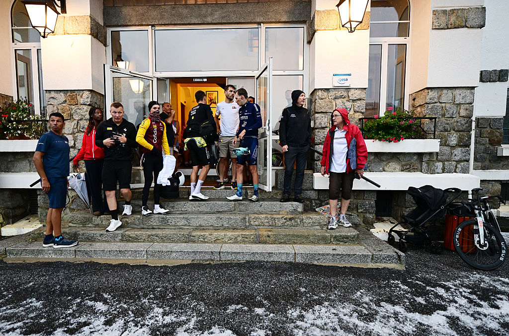 FONT-ROMEU, FRANCE - AUGUST 24: General view of the atmosphere after the cancellation of the stage due to a hailstorm during the La Vuelta - 81st Tour of Spain 2026, Stage 3 a 174km from Gruissan - Aude to Font Romeu 1941m / The stage is cancelled due to extreme weather conditions / #UCIWT / on August 24, 2026 in Font Romeu, France. (Photo by Tim de Waele/Getty Images)