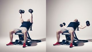Man demonstrates two positions of the dumbbell incline flye
