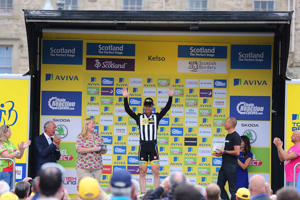 Tyler Farrar on the stage 3 podium at the 2015 Tour of Britain.