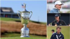 The US Open trophy displayed at Shinnecock Hills in New York, along with the NBC Sports golf broadcast crew of Kevin Kisner, Jim Mackay and Brad Faxon