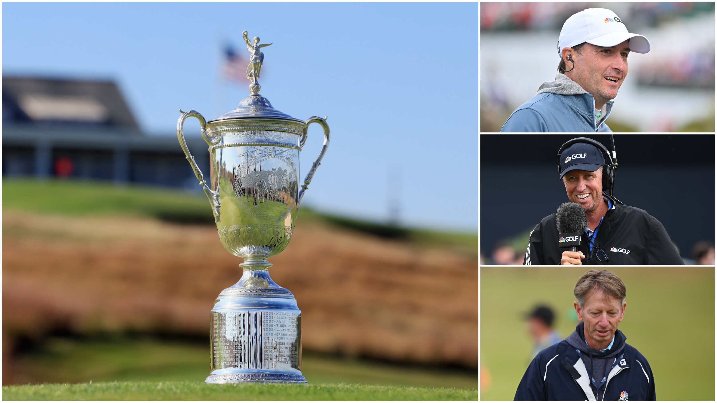 The US Open trophy displayed at Shinnecock Hills in New York, along with the NBC Sports golf broadcast crew of Kevin Kisner, Jim Mackay and Brad Faxon