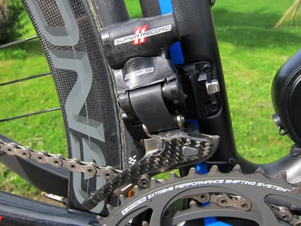 Front shifts on Campagnolo's new Record and Super Record EPS groups are fantastically smooth and positive even under full power.