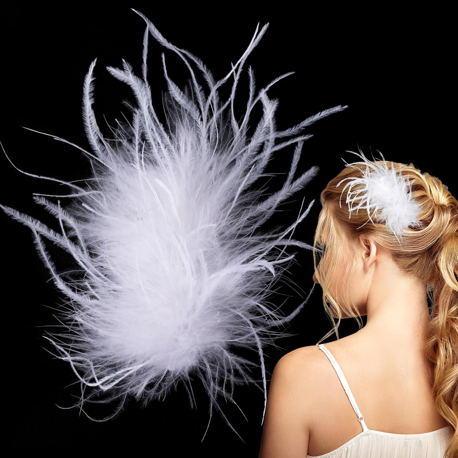 Oiiki White Ostrich Hair Clip, Feather Hairgrip Retro Hair Jewelry Accessories for Women Bride Party Festival Valentine Wedding Engagement Birthday Christmas -1pcs