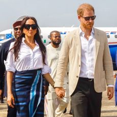 Prince Harry, Duke of Sussex and Meghan, Duchess of Sussex arrive at the Lagos airport for Official State Welcome on May 12, 2024 in Lagos, Nigeria.
