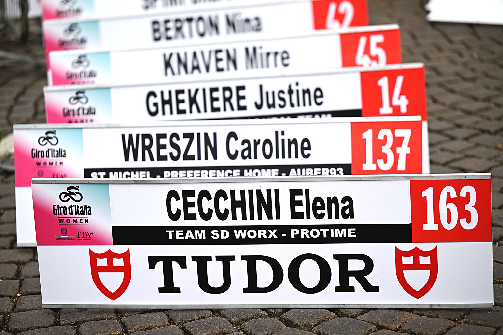 A sign where you can read &amp;quot;Elena Cecchini of SD Worx - Protime&amp;quot; before stage 4 of the 2026 Giro d'Italia Women a 12.7km individual time trial stage. (Photo by Luc Claessen/Getty Images)