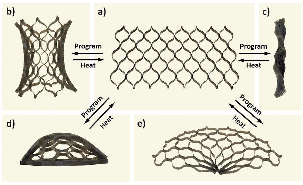 A &quot;4D-printed&quot; structure can be transformed from its permanent shape into many different shapes that are structurally stiff at room temperature and then returned to its permanent shape by applying heat.