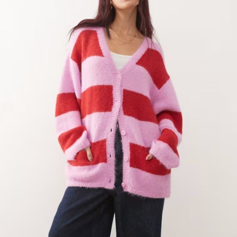 Monki , Oversized Cardigan in Pink and Red Stripe