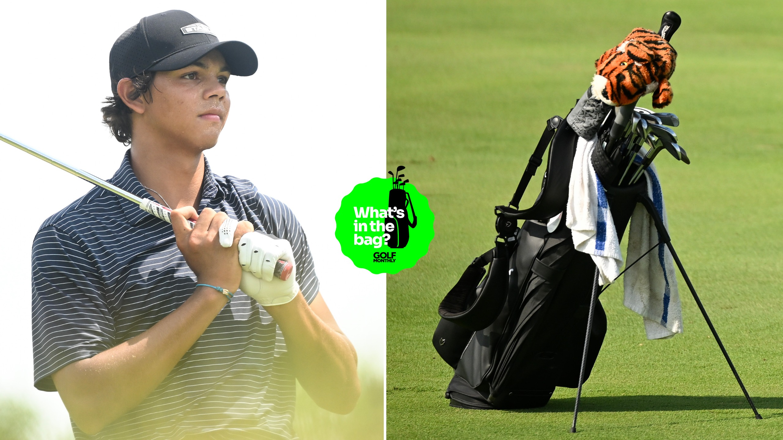 Charlie Woods watches his shot, with a close up of his bag