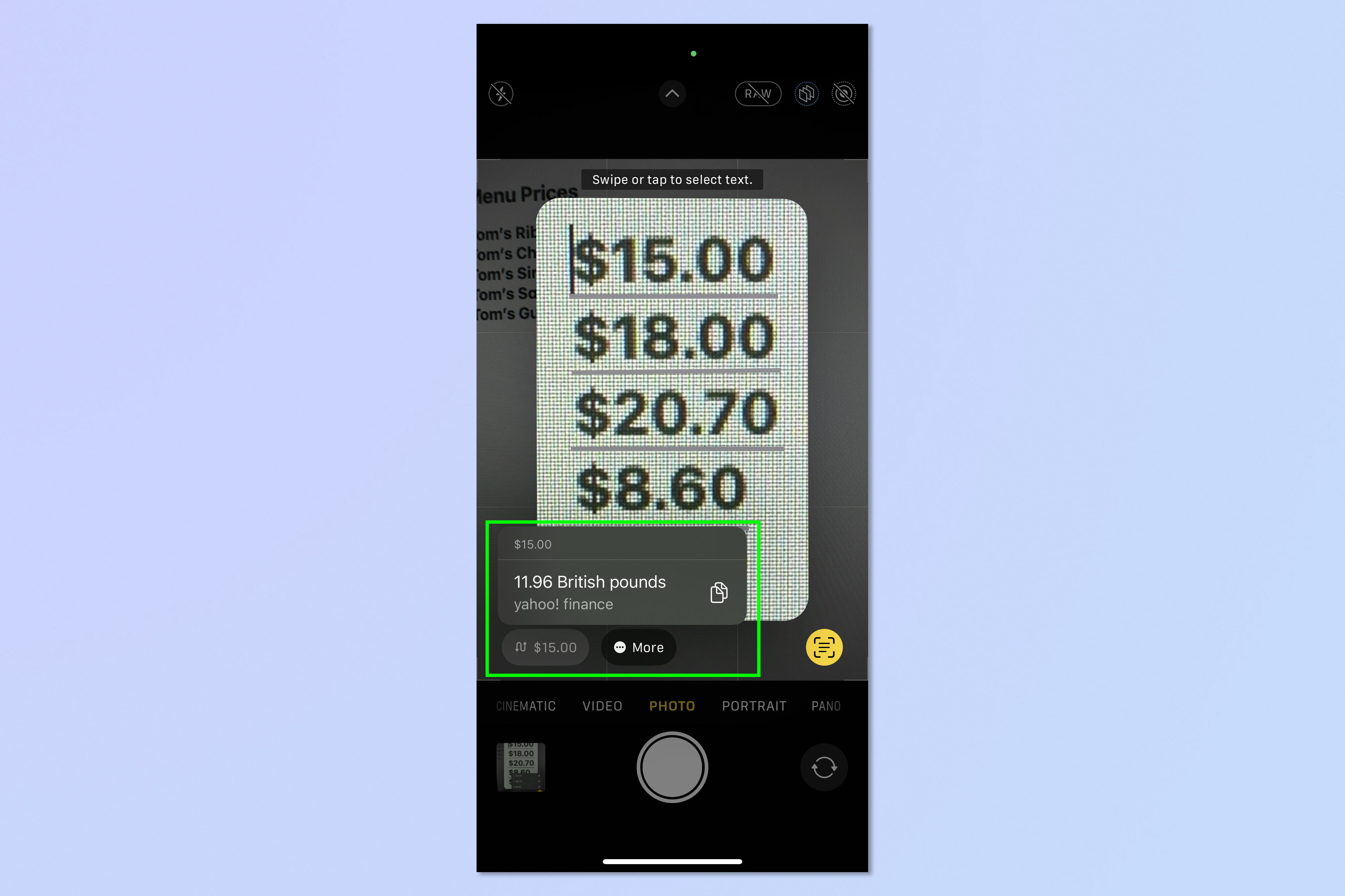 Скриншот, показывающий, как конвертировать валюту на iPhone