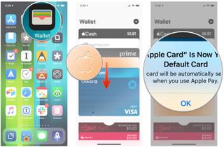 Open Wallet, drag Apple Card to front, it is now Default Apple Pay card