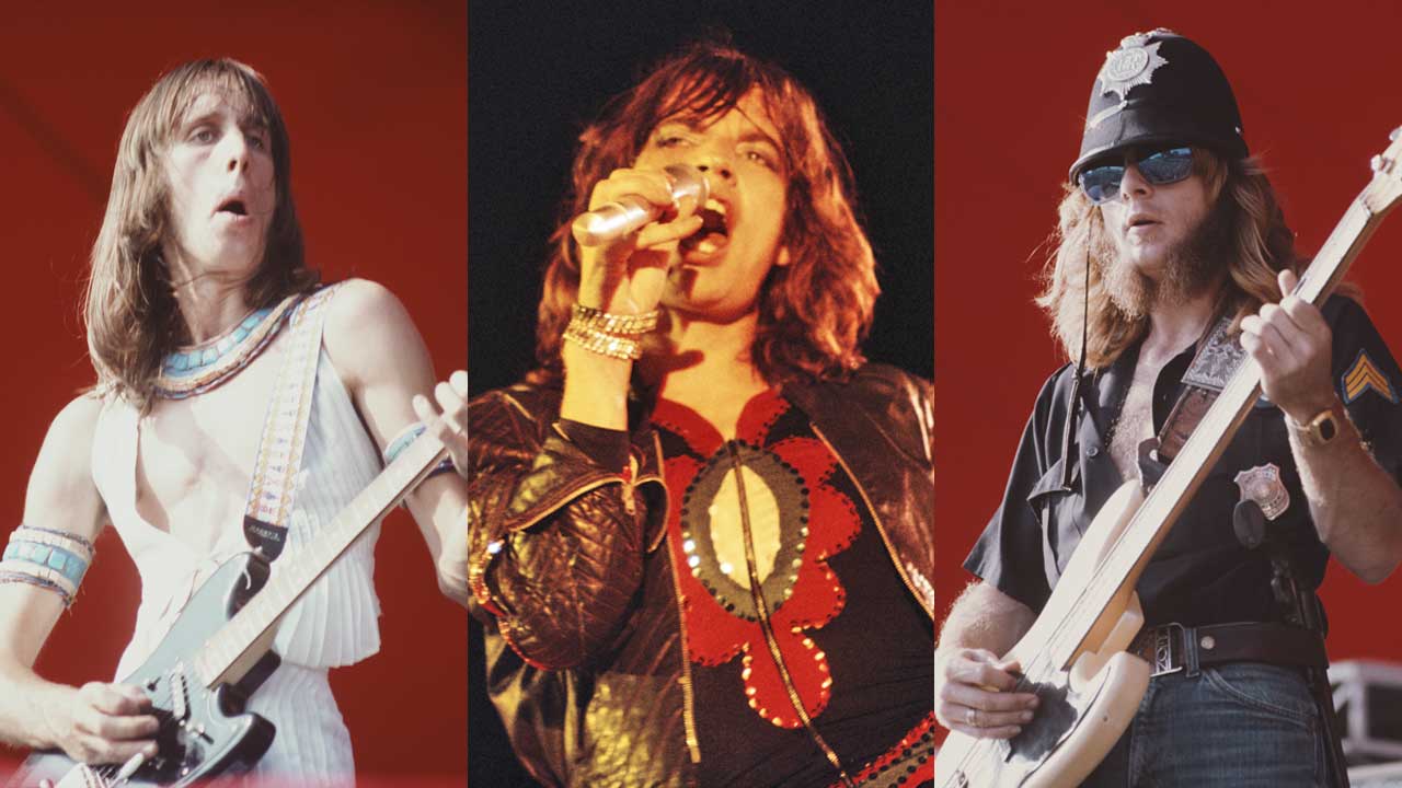 Todd Rundgren, Mick  Jagger and Lynyrd Skynyrd's Leon Wilkenson onstage at Knebworth