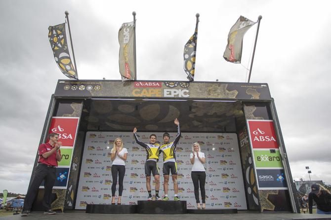 Markus Kaufmann and Jochen Kaess of Centurion-Vaude claim the yellow leaders jersey during stage 3