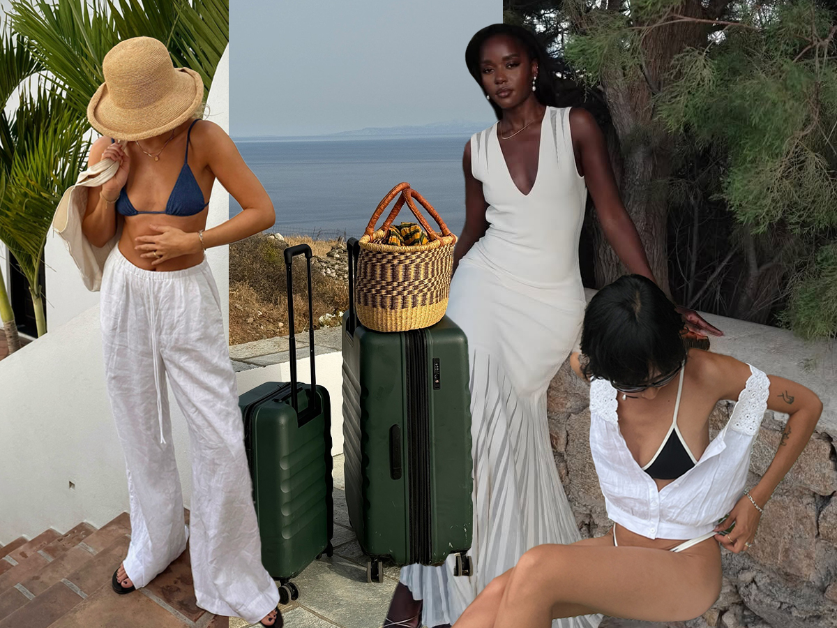 Collage of a woman wearing white linen trousers with a blue triangle top bikini and a bucket hat, green luggage with a large woven tote on top, a woman wearing a black and white bikini, and a woman wearing a white maxi dress.