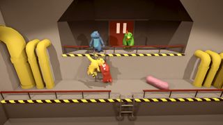 Local multiplayer games — a Gang Beats fighter grabs an opponent by the head while the two other players look on.