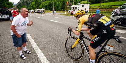 Jonas Vingegaard's father, Claus, cheers him in from the roadside in the Pyrenees