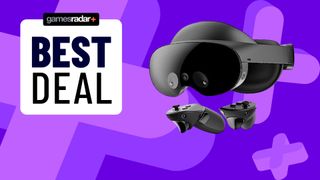 Meta Quest Pro headset on top of a purple GamesRadar Best deals background