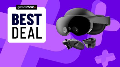 Meta Quest Pro headset on top of a purple GamesRadar Best deals background