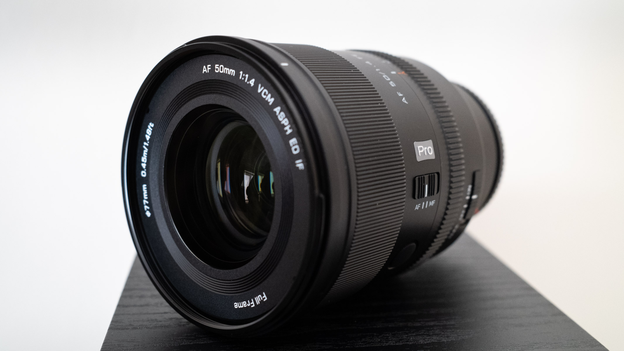 Viltrox AF 50mm f/1.4 Pro FE side front view showing the front element