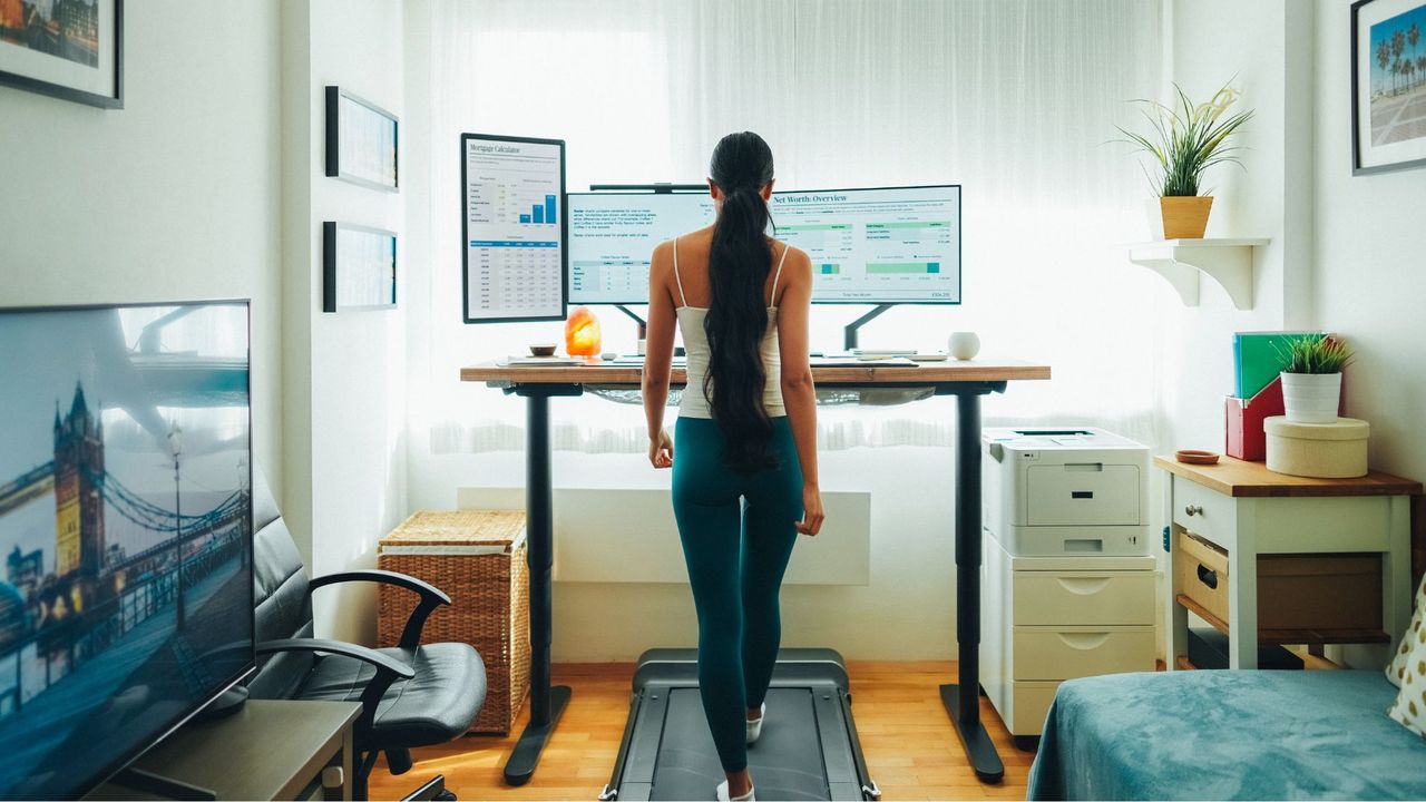 Walking desk benefits: A woman on a walking desk