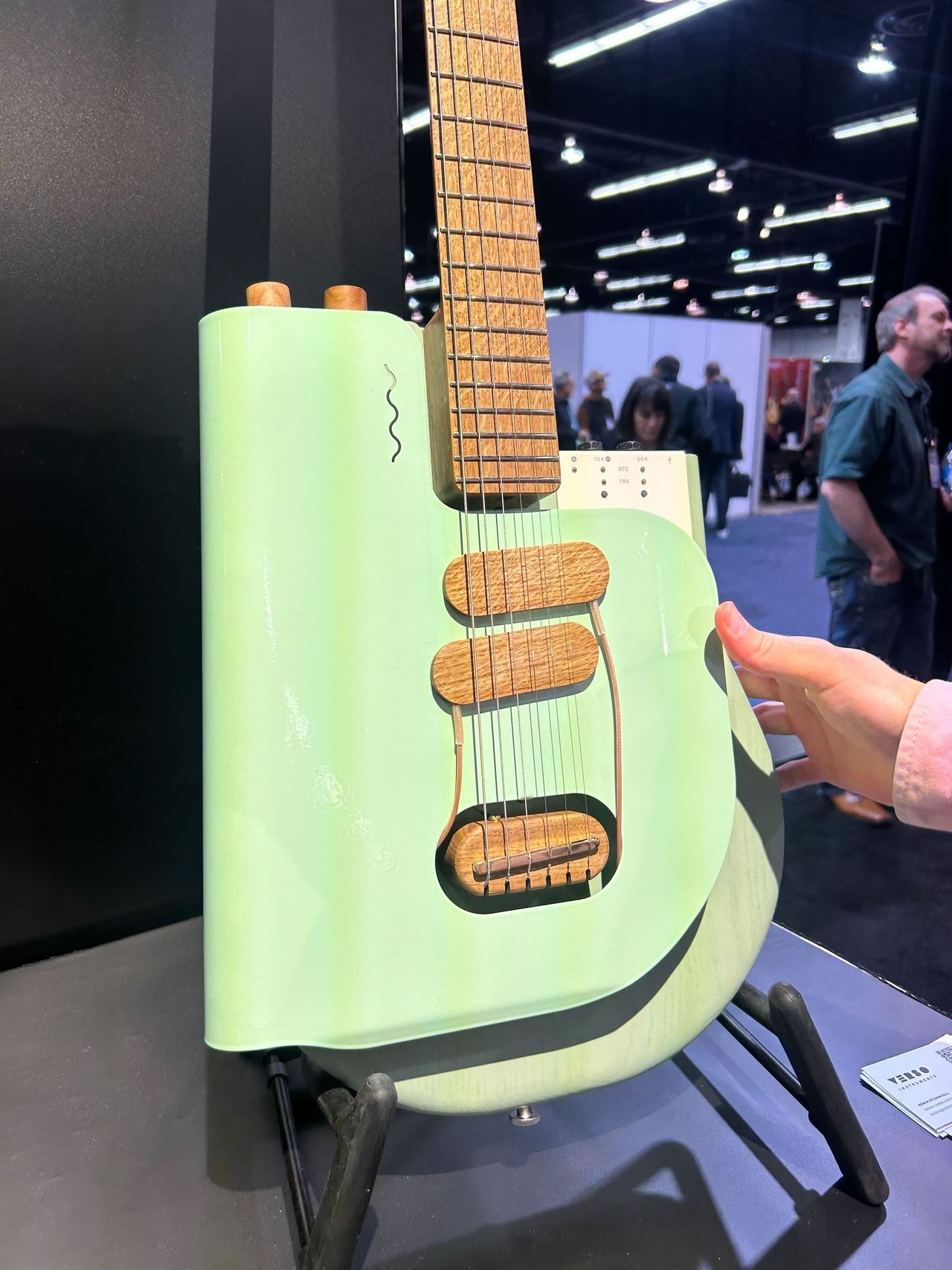 Four of the guitars displayed at the Boutique Guitar Showcase at the 2025 NAMM Show in Anaheim, California