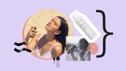 Photo collage of a woman spraying herself with cooling spray, a man drinking from a steel tumbler, and an product shot of an Avene mist