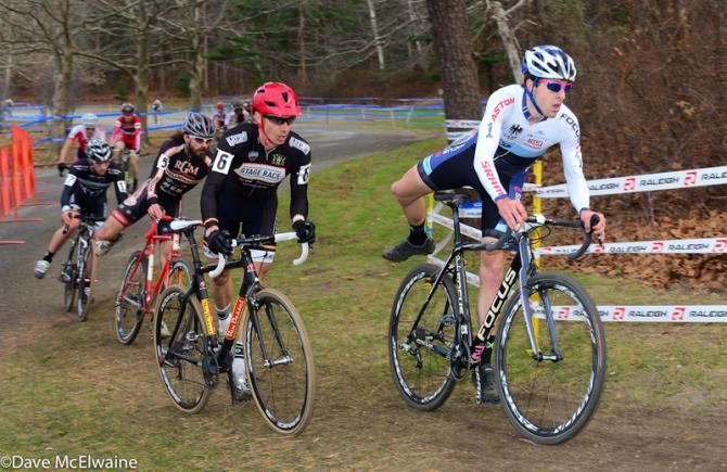 Jeremy Durrin (JAM Fund/ NCC/ Vittoria) leading the race as they approach the uphill barriers