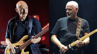 LEFT: Tony Levin performs with Peter Gabriel at Mediolanum Forum of Assago on May 21, 2023 in Milan, Italy. RIGHT: LONDON, ENGLAND - SEPTEMBER 23: David Gilmour performs at Royal Albert Hall on September 23, 2015 in London
