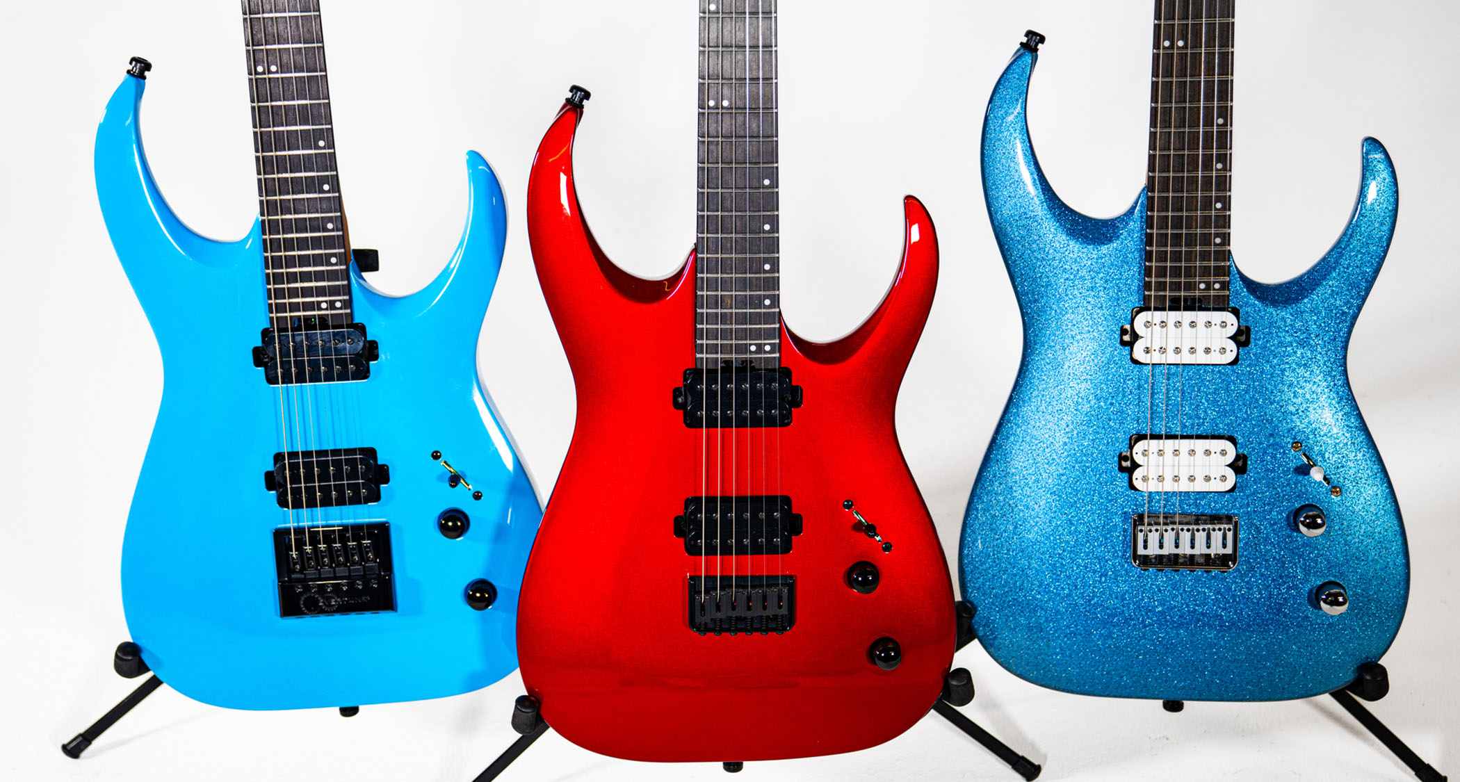 Jackson Pro Plus Series Misha Mansoor Juggernaut: the newly refreshed signature Superstrat is offered in Red Crystal and Blue Sparkle with a string-through-hardtail, and in Riviera Blue with an EverTune bridge. Stainless steel frets and an ebony fingerboard come as standard.