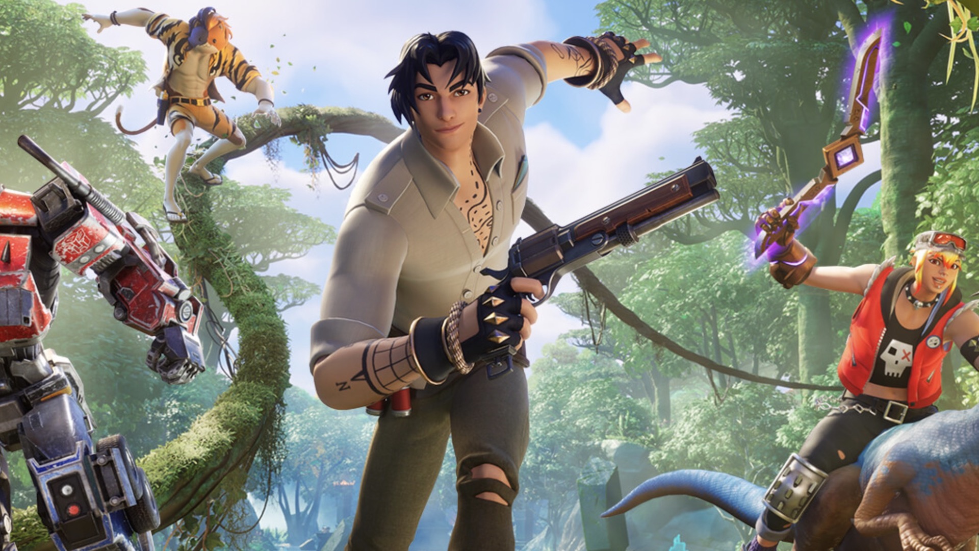 Promotional image for Fortnite showing four characters running towards the screen in a jungle biome